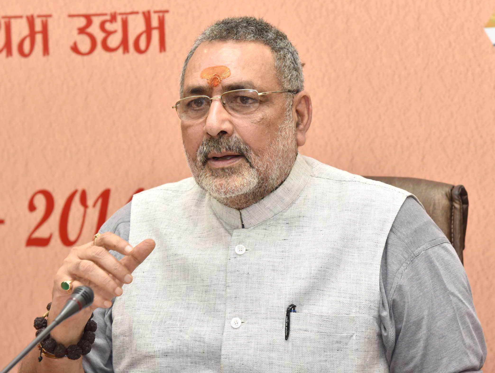 Giriraj Singh addressing a press conference on the achievements of the Ministry of Micro Small Medium Enterprises during the last four years in New Delhi