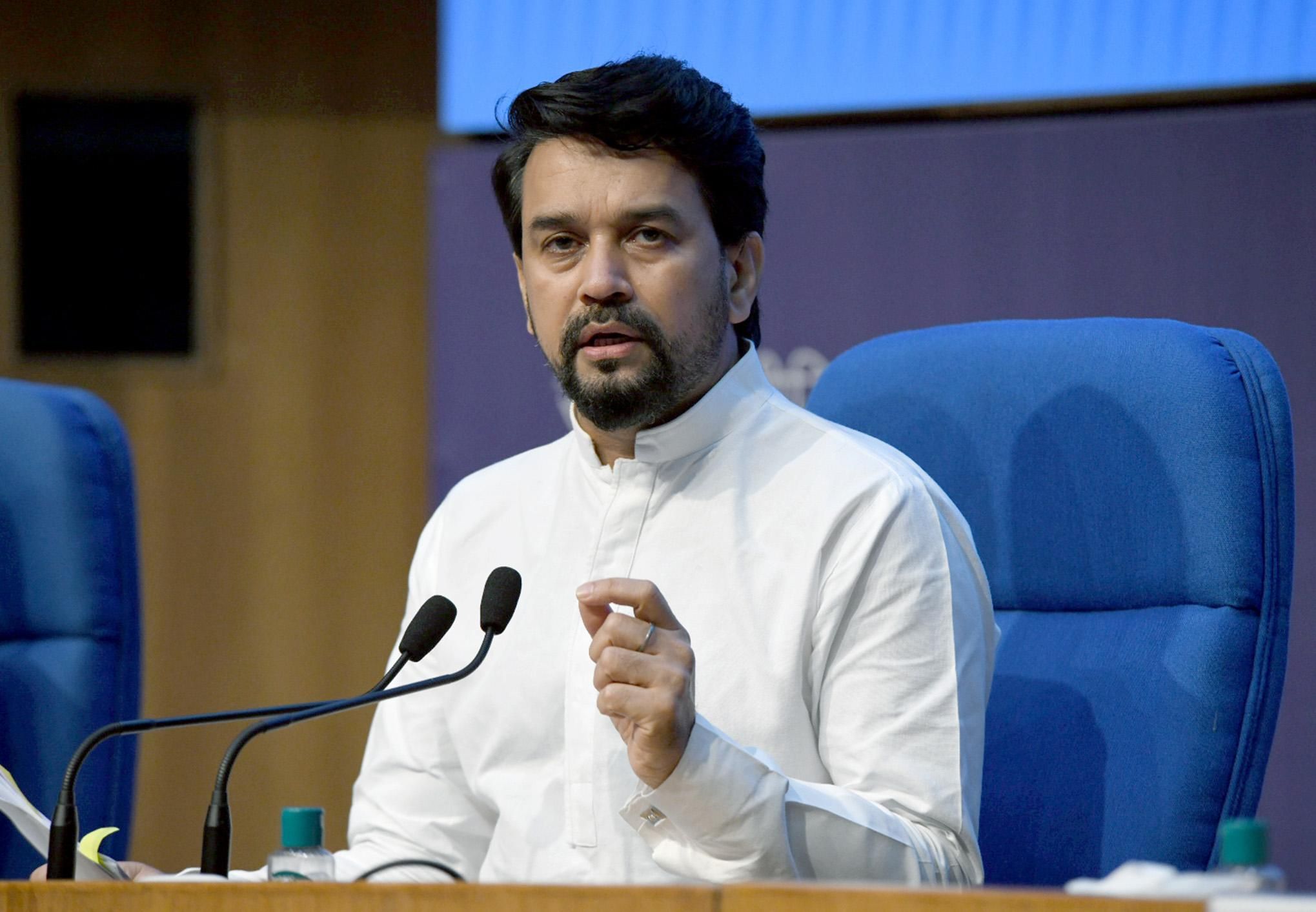 The Union Minister for Information Broadcasting Youth Affairs and Sports Shri Anurag Singh Thakur holding a press conference on Cabinet Decisions in New Delhi on July 22 2021 1