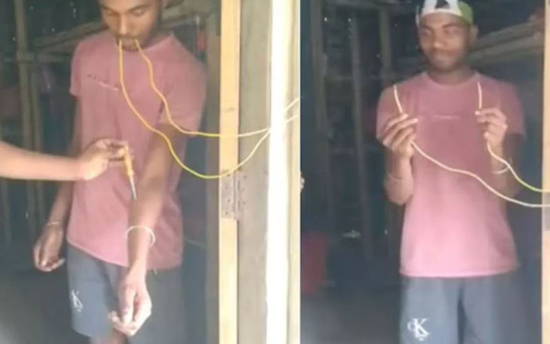 मुंह में नंगी तार रख किया खतरनाक स्टंट, चौंका देगा ये वीडियो