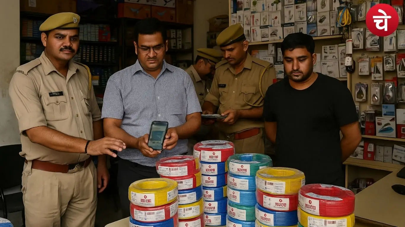ग्रेटर नोएडा के जेवर में गणपति इलेक्ट्रॉनिक्स की दुकान पर छापेमारी करती पुलिस टीम