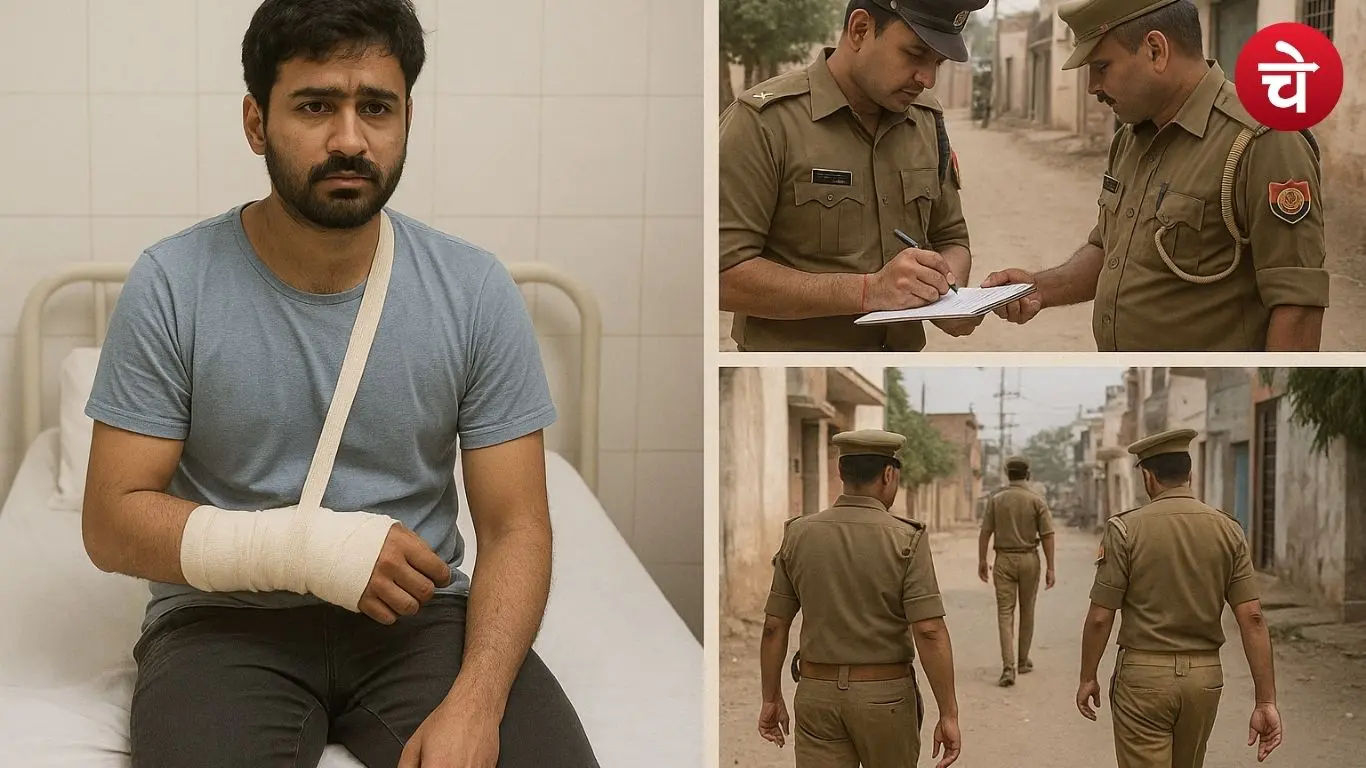 ग्रेटर नोएडा में मारपीट की घटना के बाद सरफाबाद गांव की गलियों में गश्त लगाती पुलिस टीम