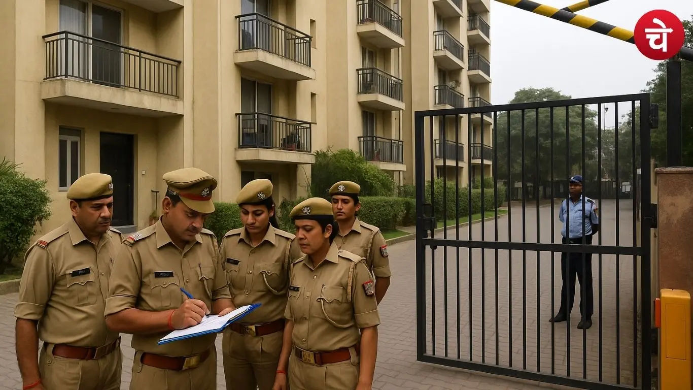 नोएडा की पॉश सोसायटी में चोरी की वारदात के बाद फ्लैट के बाहर जांच करती पुलिस टीम
