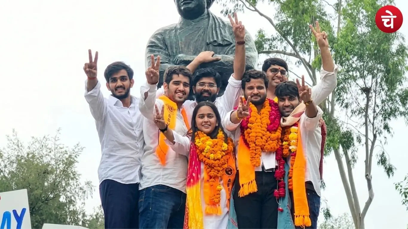 ABVP supporters celebrating after the victory in the DUSU elections