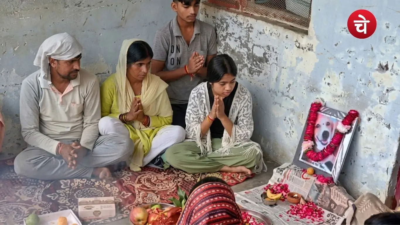 Family members paying tribute during the Tehravin (post-death ritual) of their pet dog, Taffu, in Meerut