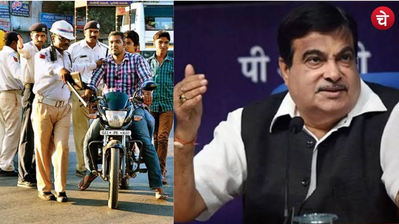 File photo of traffic police personnel taking action against traffic rule violations and Union Minister for Road Transport and Highways Nitin Gadkari