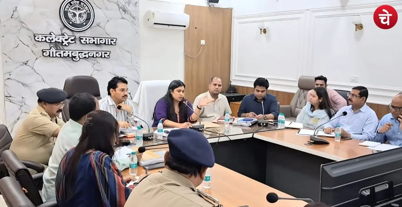 Noida District Magistrate Medha Rupam holding a meeting with officials regarding preparations for the MLC elections