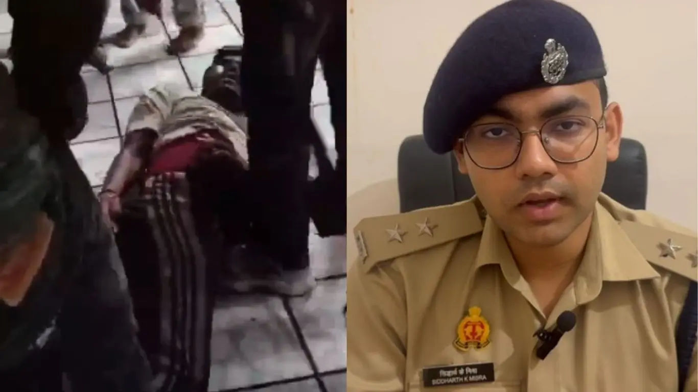 People assaulting a young man (left) a police officer providing details about the incident (right)