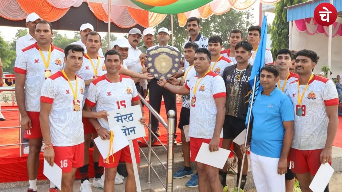 Police officers and players at the closing ceremony of the 74th UP Police Volleyball Cluster Competition held at the Reserve Police Lines in Greater Noida