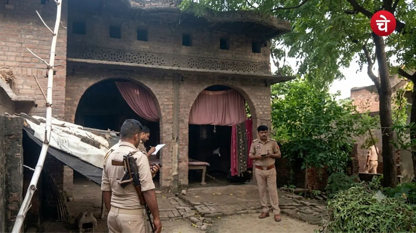 Police officials investigating the crime scene in Jaunpur after an accused brother murdered his mother and sister