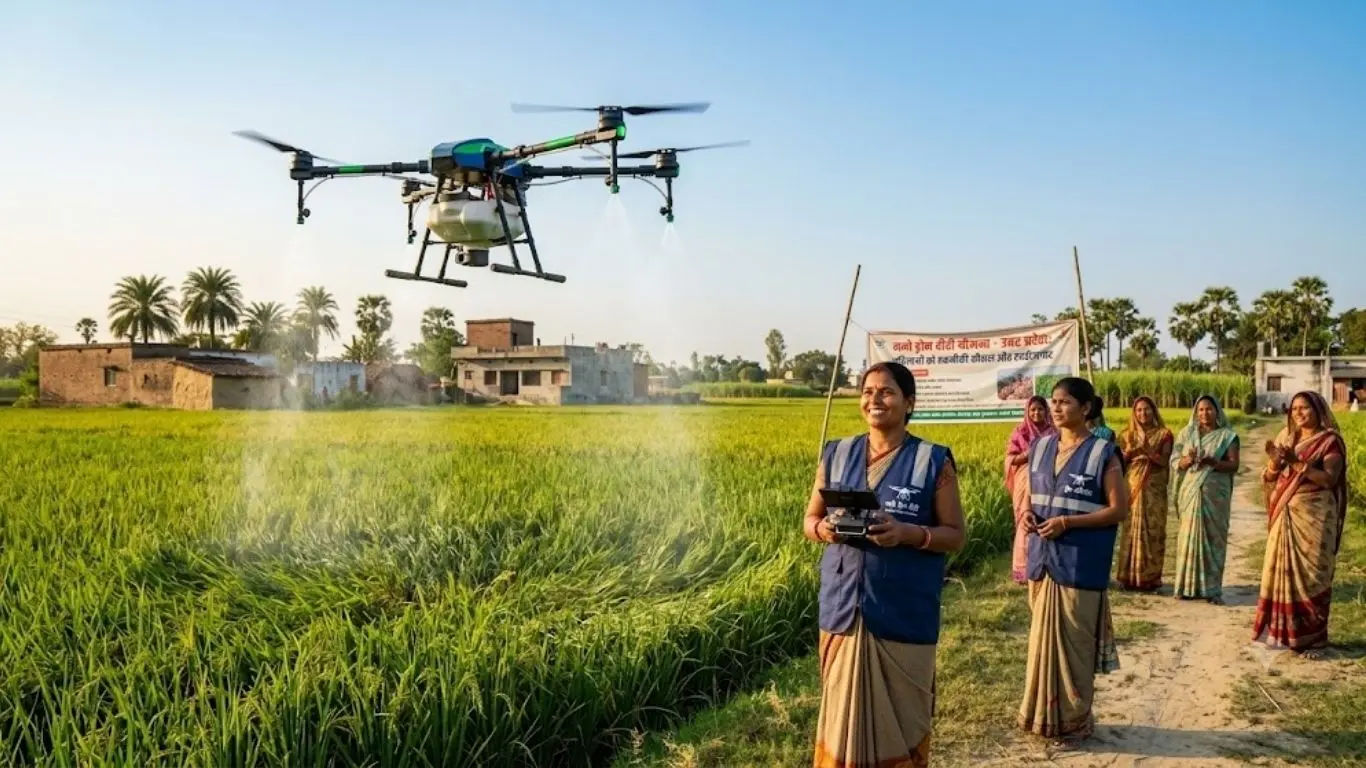 Representative photo of a rural woman flying a drone under the Namo Drone Scheme (AI Image))
