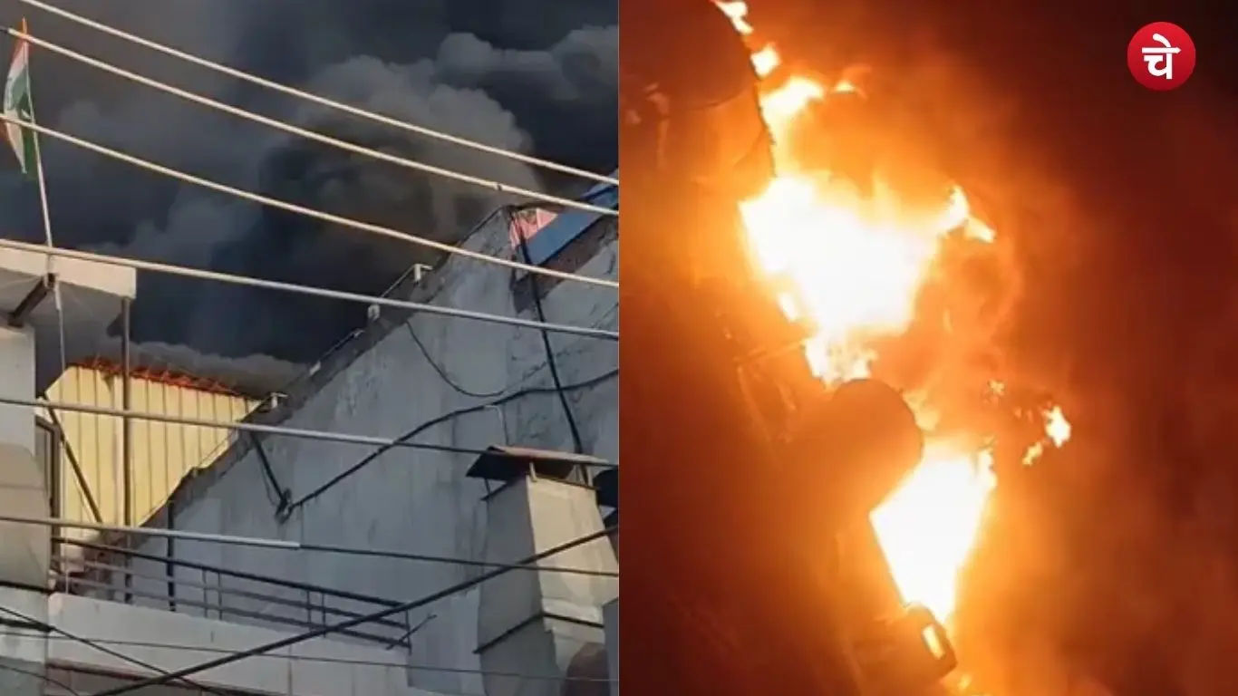 Smoke rising from a fire on the roof of a printing plate manufacturing factory in Noida Sector-10 (left); a massive fire at a chemical factory in Dhoom Manikpur, Greater Noida (right)