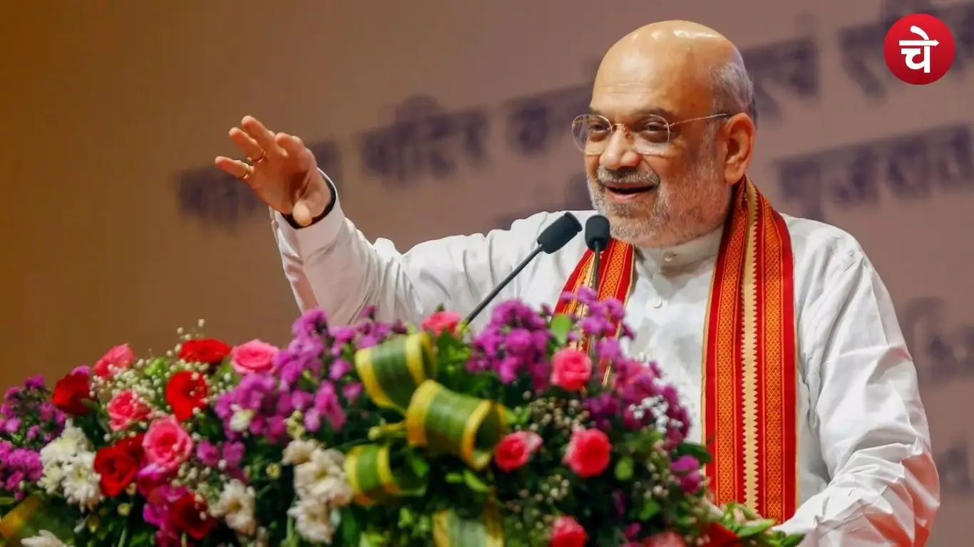 Union Home Minister Amit Shah delivering a message at the CIDCO Exhibition and Convention Centre on the occasion of Hindi Diwas 2026