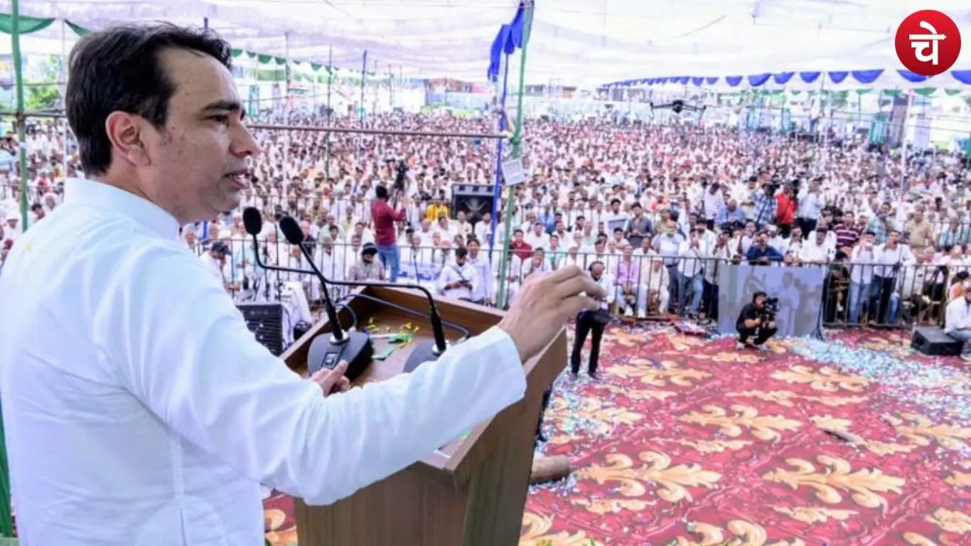 Union Minister and RLD President Jayant Chaudhary addressing a social harmony conference in Pachenda, Muzaffarnagar